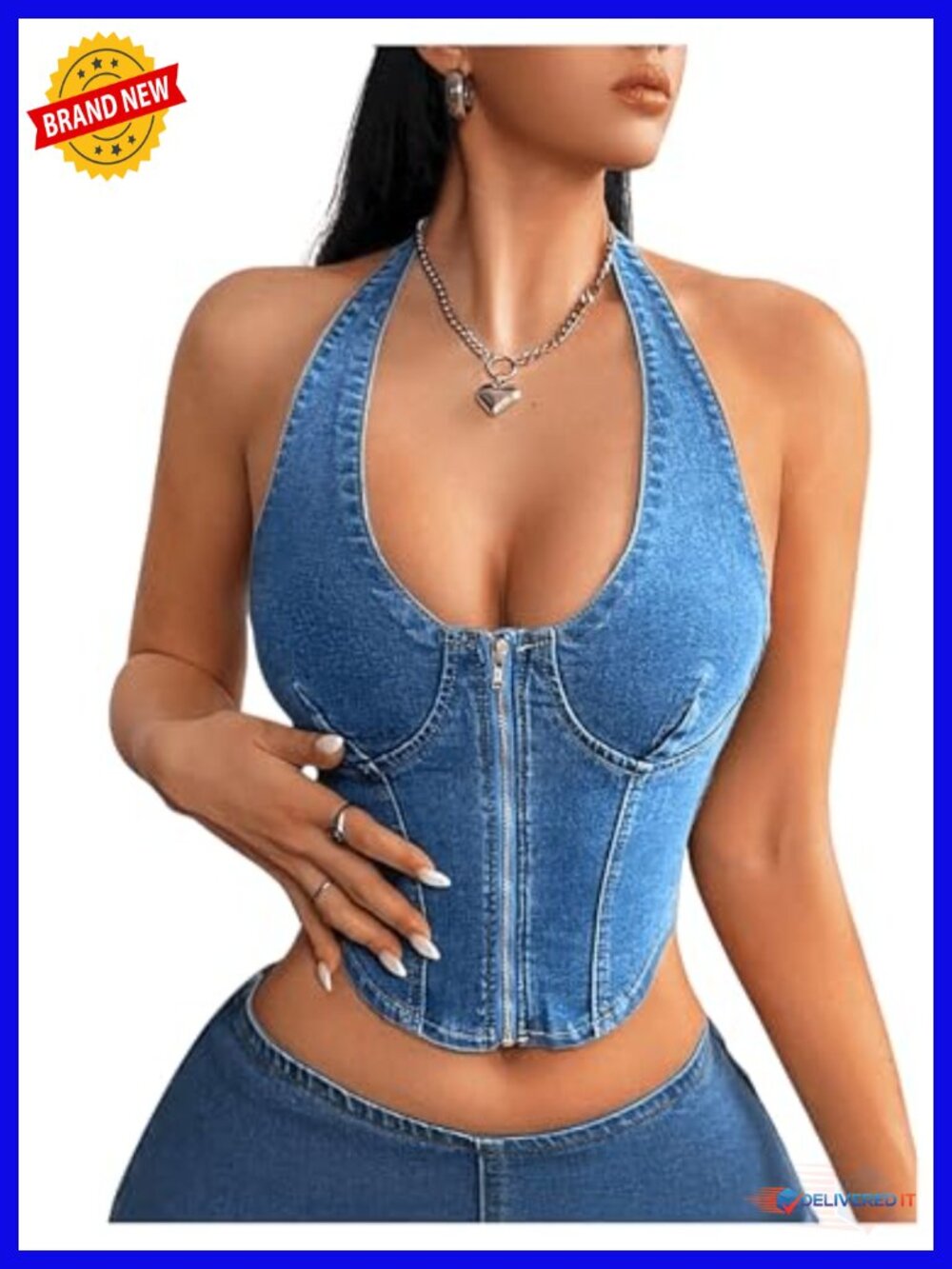 Denim Halter Sleeveless Crop Tank Top with Zipper Front